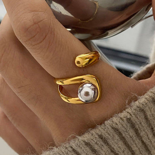 Stainless steel, gold and silver color-matched steel ball asymmetrical opening ring