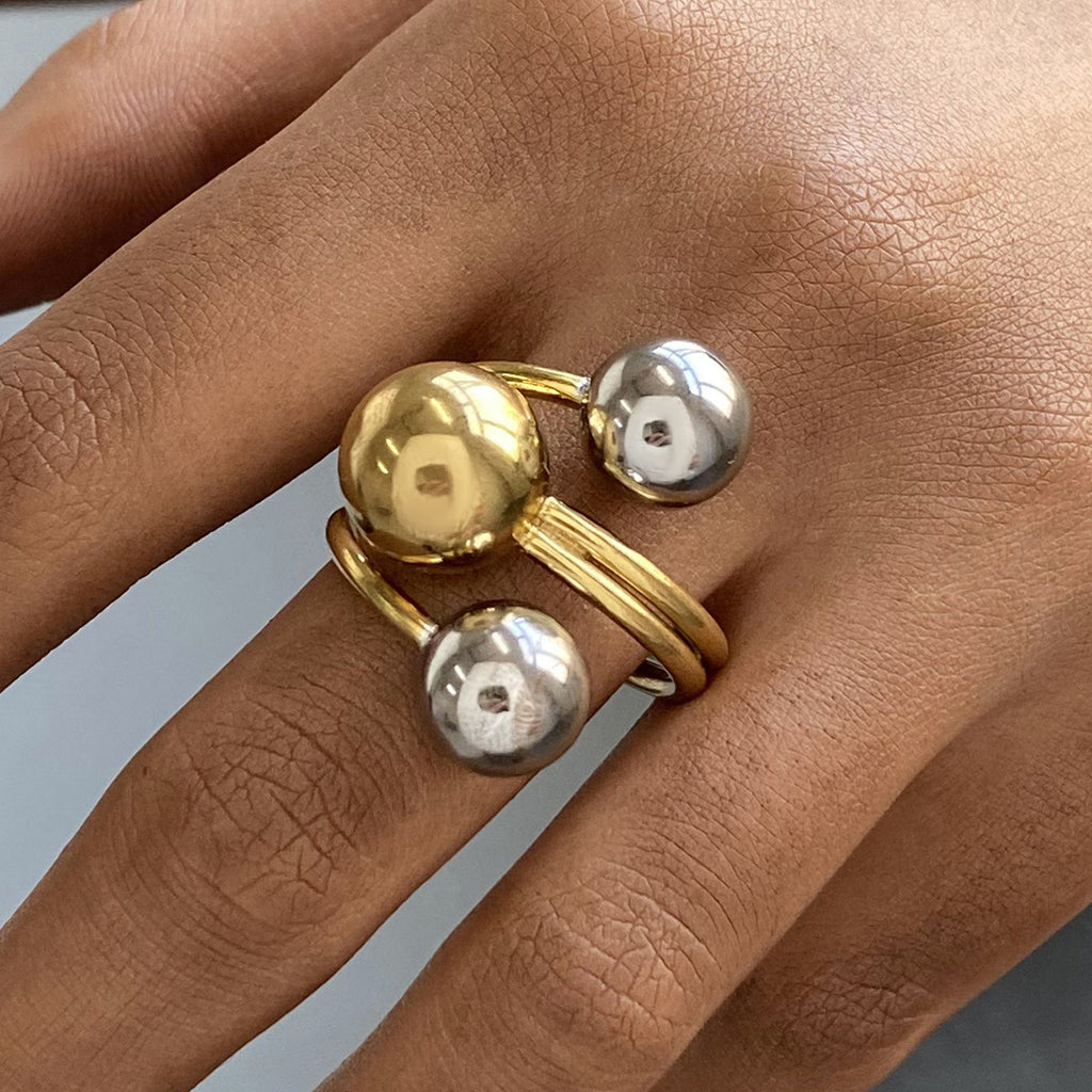 Stainless steel, gold and silver color-matched three-layer line steel ball open ring