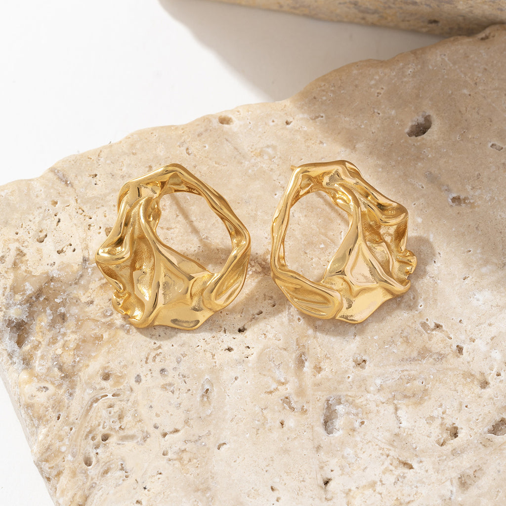 18K gold stainless steel hollowed-out embossed pleated earrings