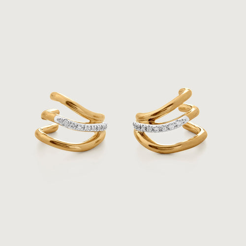 14K copper-plated three-ring zircon earrings