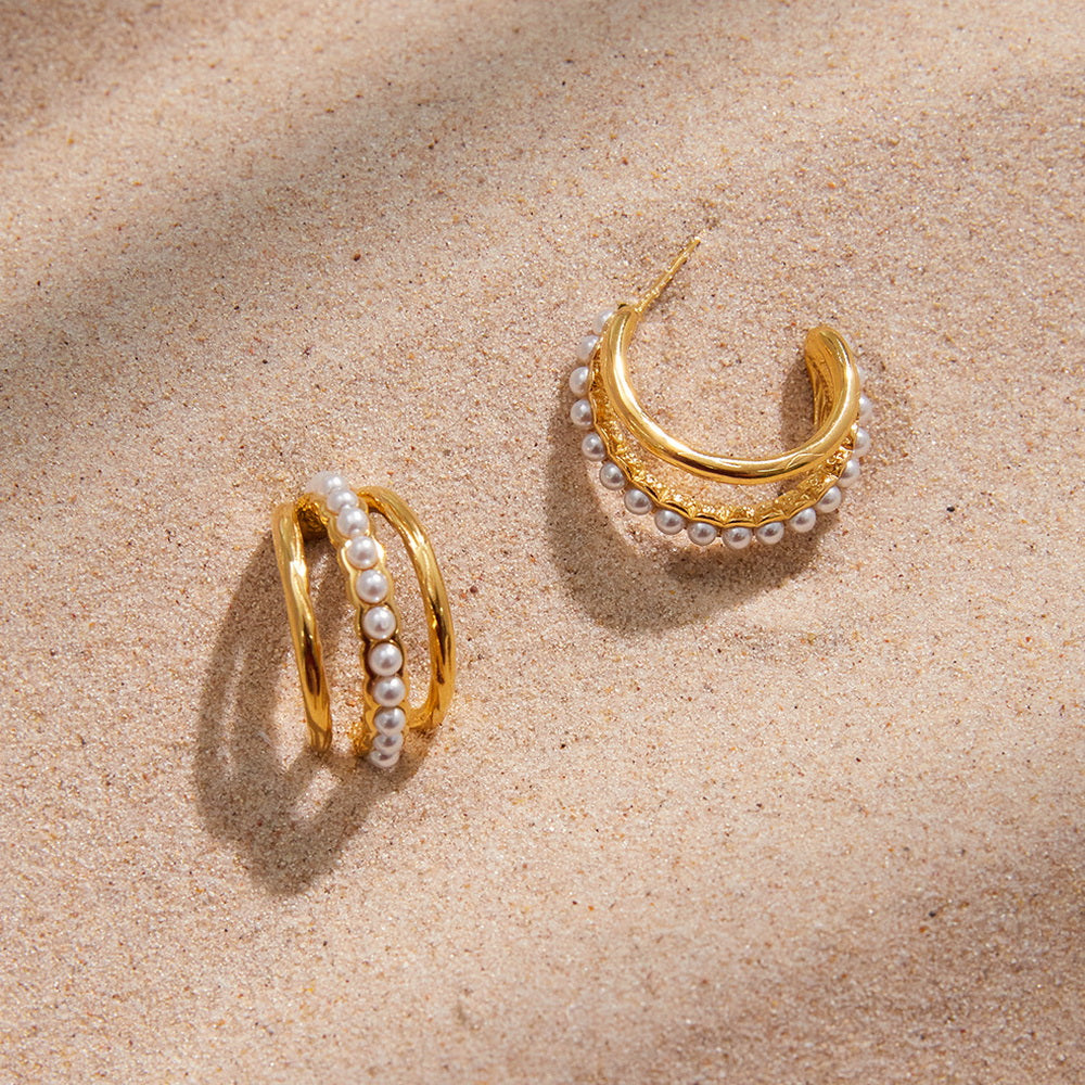 Stainless steel pearl C-shaped earrings