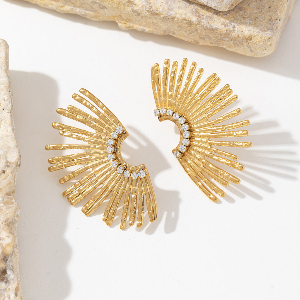 Stainless steel fan-shaped wing hollowed-out line earrings