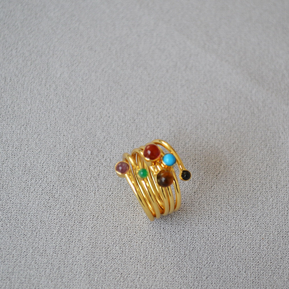 A multi-layer wound line inlaid natural stone brass gold-plated ring