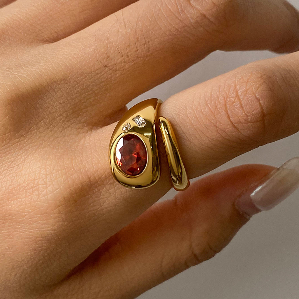 Stainless steel red zircon serpentine ring