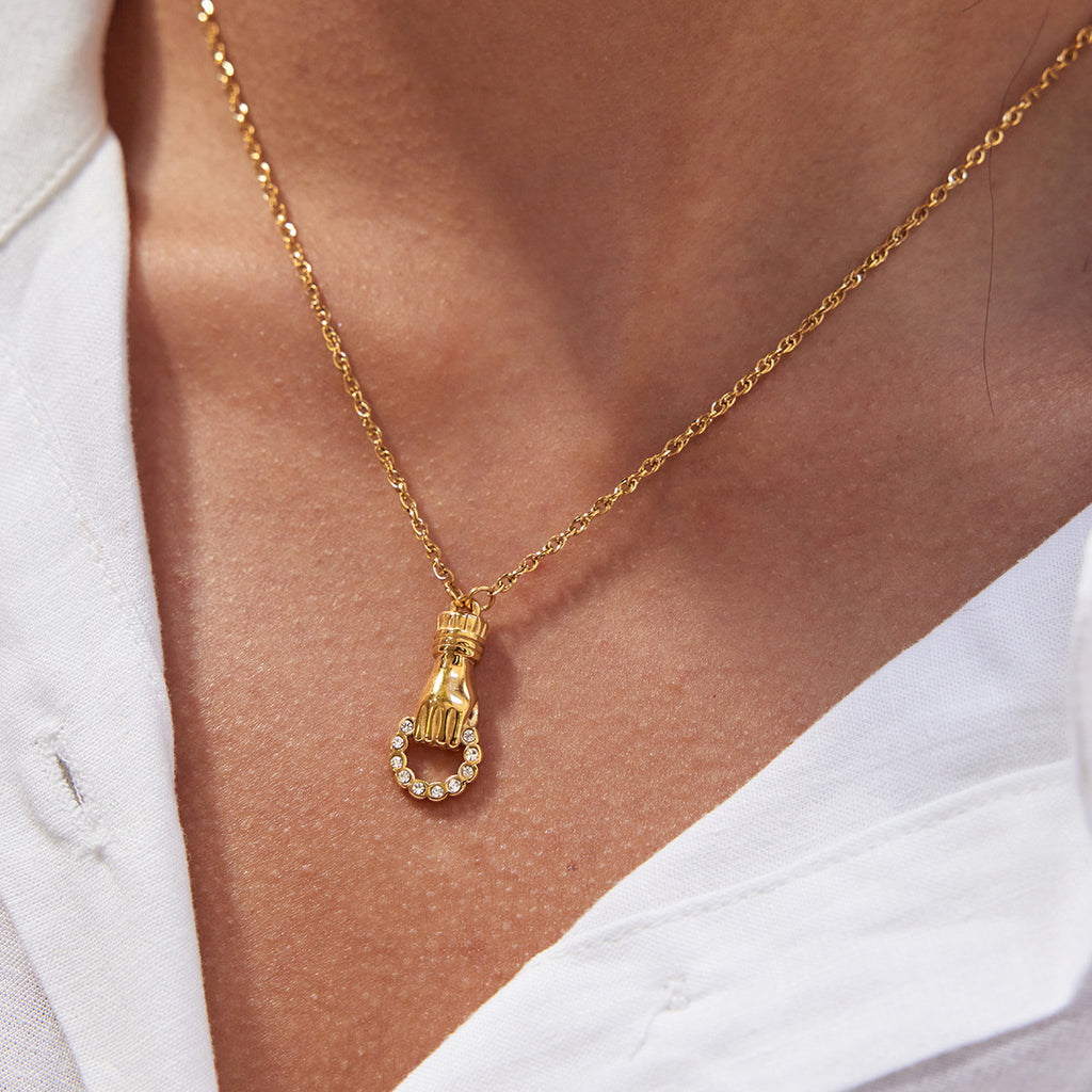 18K gold stainless steel white rhinestone Friendship hand round hollow pendant necklace