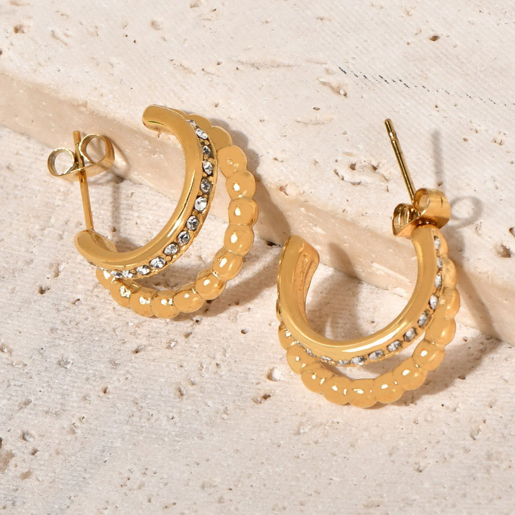 Stainless steel C-shaped double row beads set with zirconium earrings