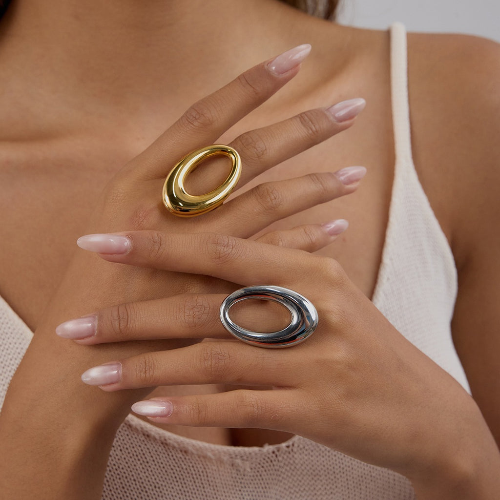 Stainless steel geometric oval hollowed-out ring