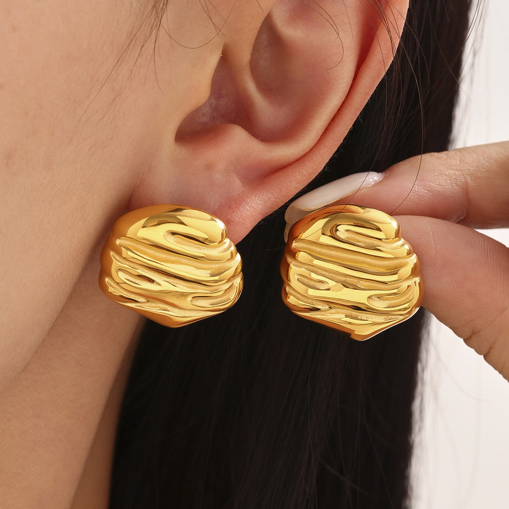 Golden stainless steel irregular pleated hammer pattern earrings