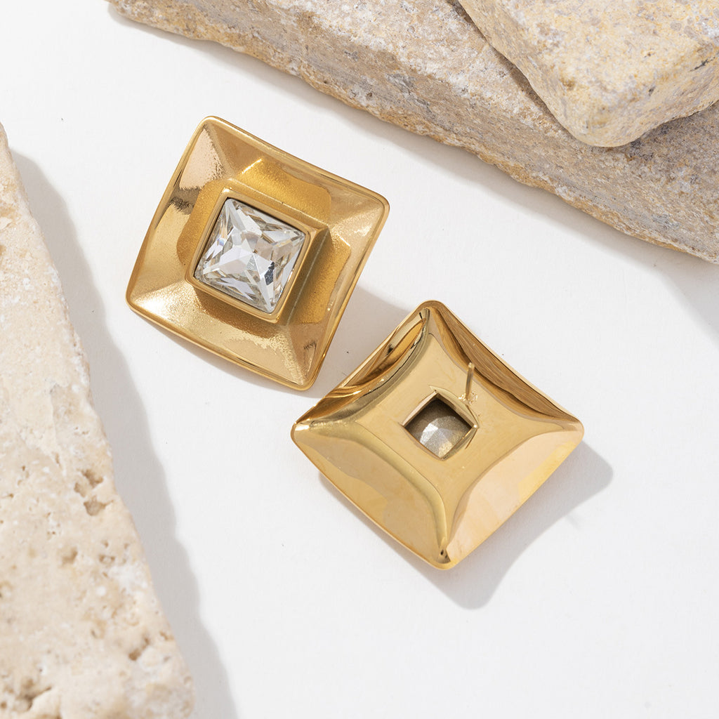 Stainless steel golden square zircon earrings