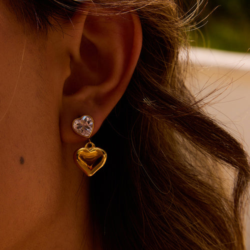 18K gold stainless steel zirconium-encrusted heart pendant earrings