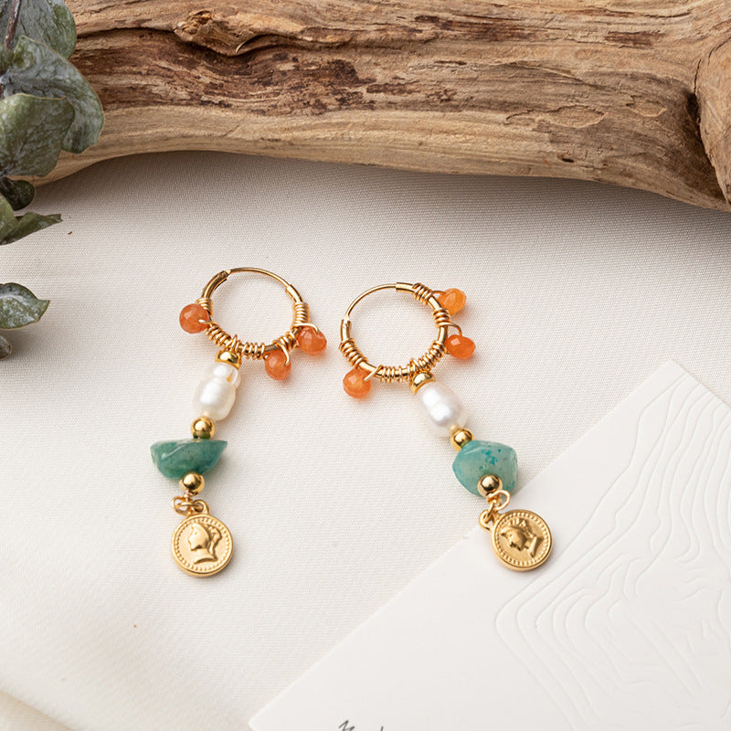 Colored natural stone long earrings