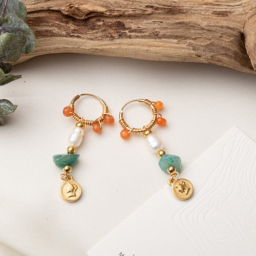 Colored natural stone long earrings