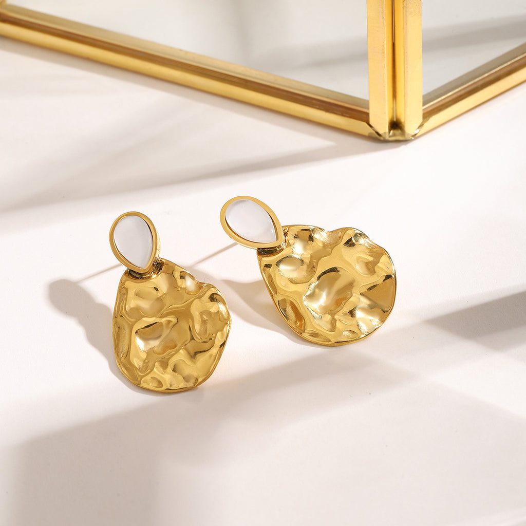 18K gold stainless steel hammer-textured teardrop-shaped cat's eye earrings