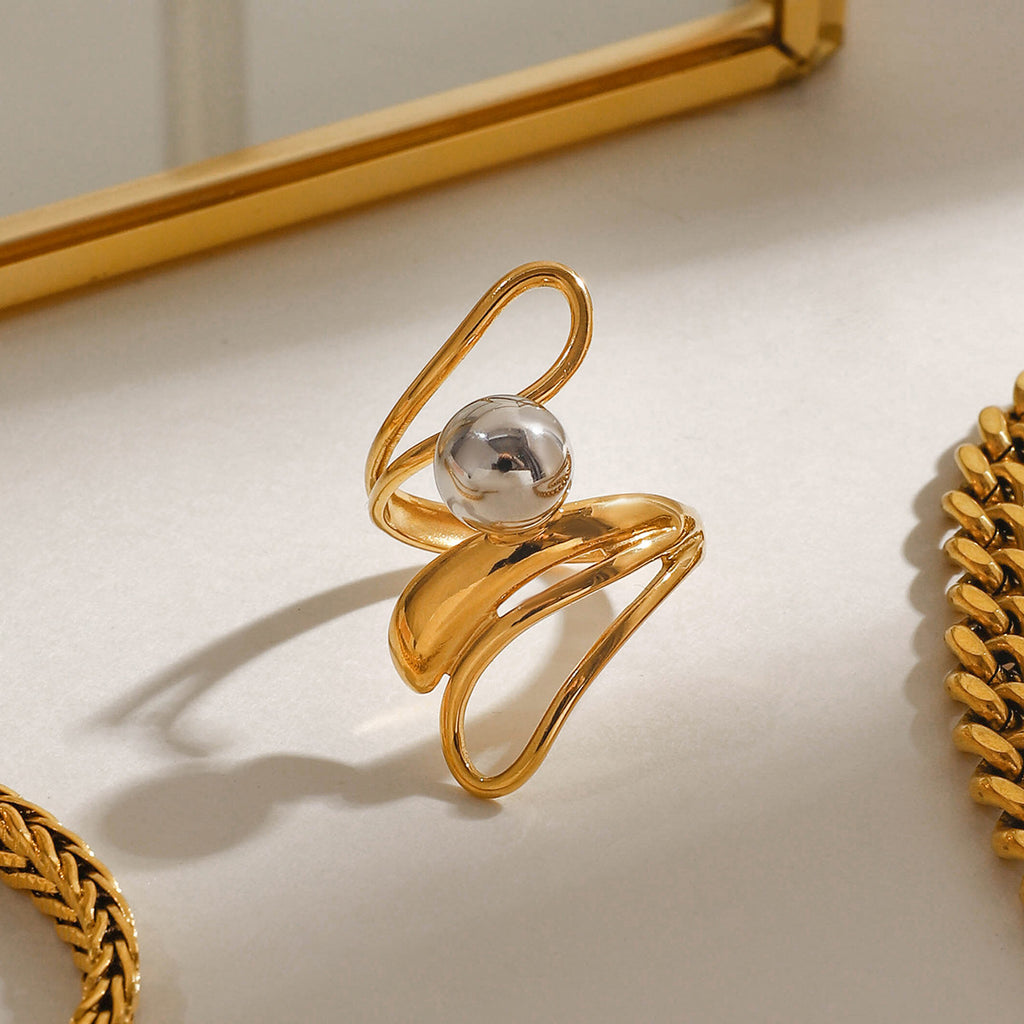 Stainless steel gold and silver color-matched irregular hollowed-out steel ball ring