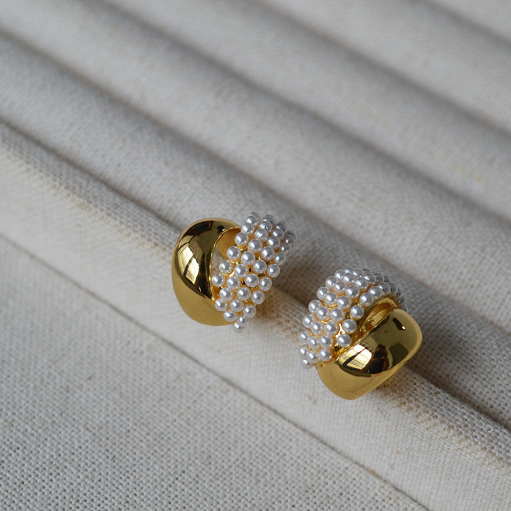 Double C-cross brass gold-plated earrings set with imitation pearl 925 silver needle