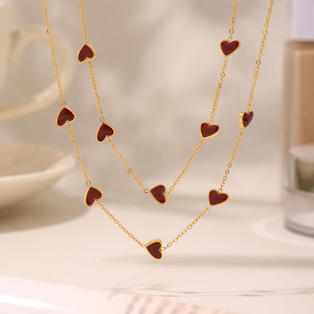 Stainless steel gold-plated wine red enamel oil dripping heart necklace collarbone chain