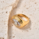 18K gold large oval zircon stainless steel ring