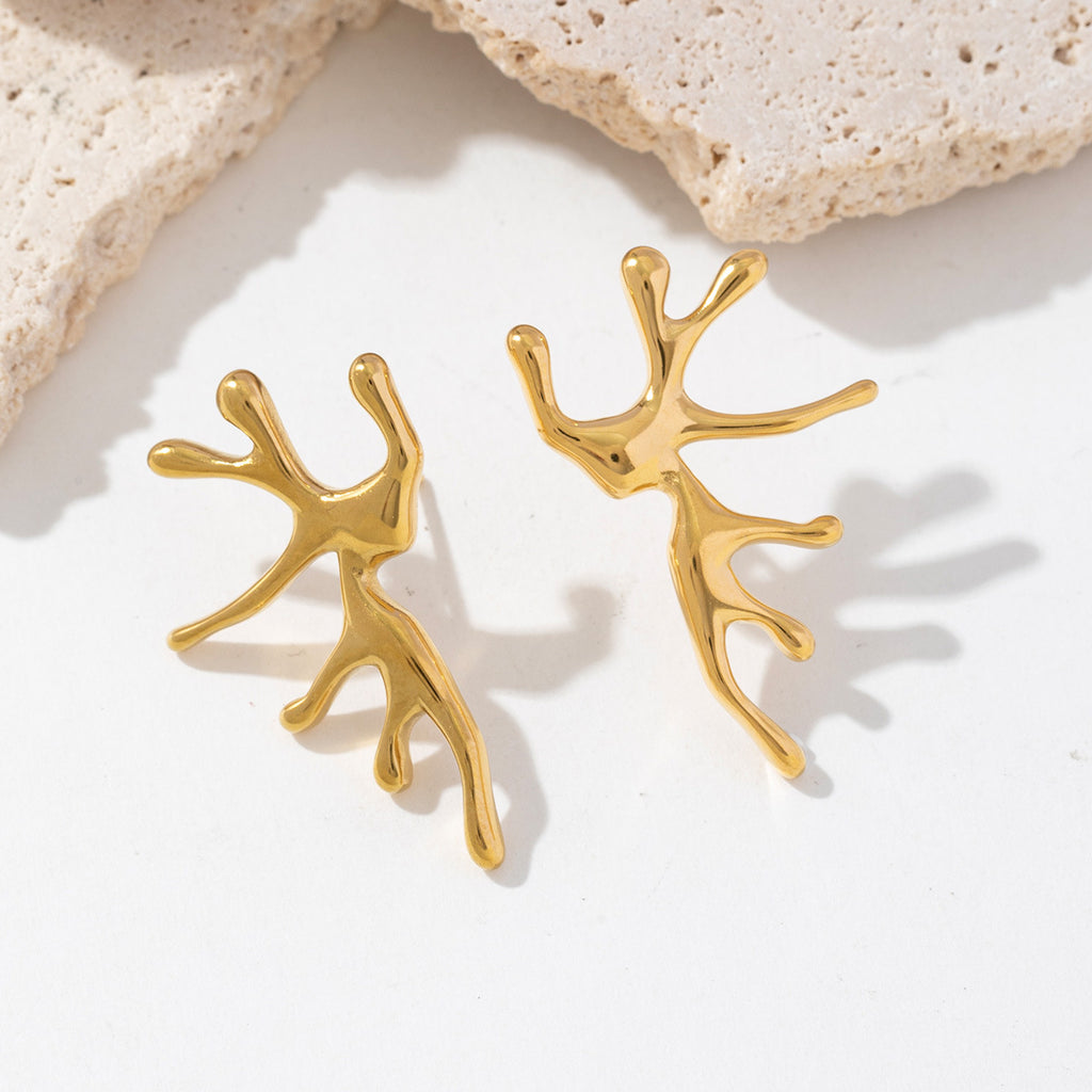 Golden stainless steel coral shaped irregular-shaped earrings