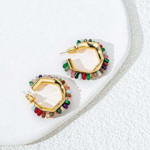 Colored natural stone beaded C-shaped earrings