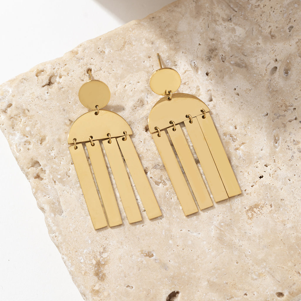 Golden stainless steel long glossy tassel earrings