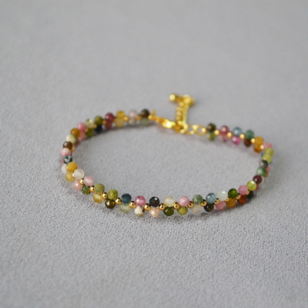 Colorful tourmaline natural stone woven flower beaded bracelet