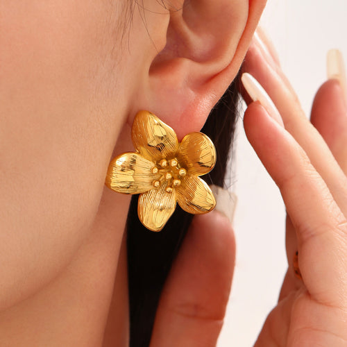 Golden stainless steel camellia earrings