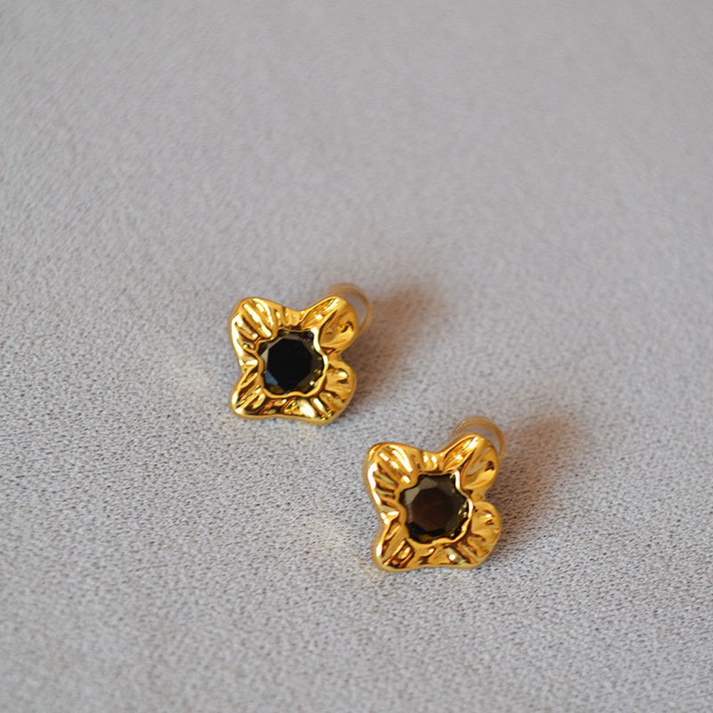 Brass gold-plated pleated texture black zircon irregular flower 925 silver needle earrings