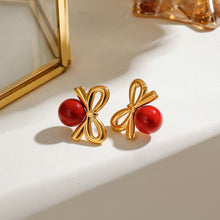 Load image into Gallery viewer, Stainless steel red glass bead bow earrings