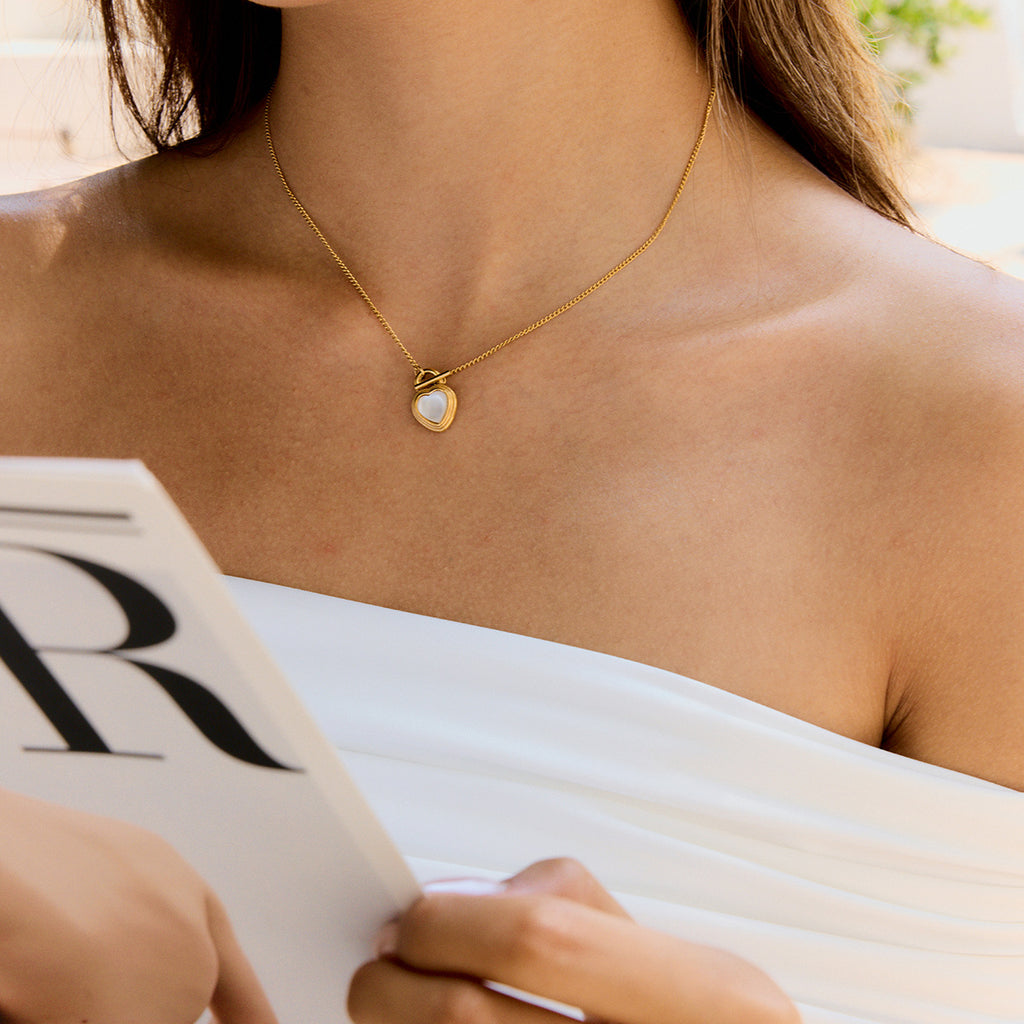 18K gold stainless steel cat's eye heart-shaped pendant necklace