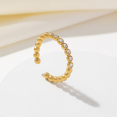 Stainless steel diamond-encrusted round bead open ring