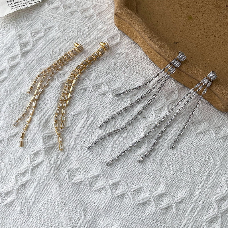 925 silver needle and diamond-encrusted tassel long earrings