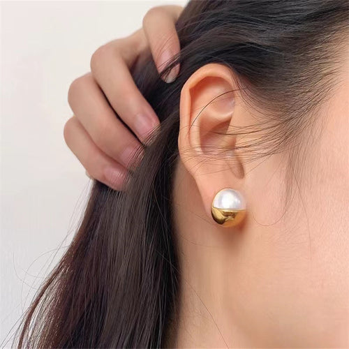 Stainless steel pearl hemispherical metal round ear studs