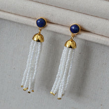 Load image into Gallery viewer, Lapis lazuli white rice bead tassel 925 silver needle earrings