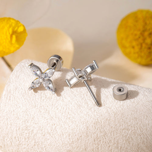 Stainless steel horse eye zircon cross flower ear studs, double-ended screws, screw rods, ear bone studs