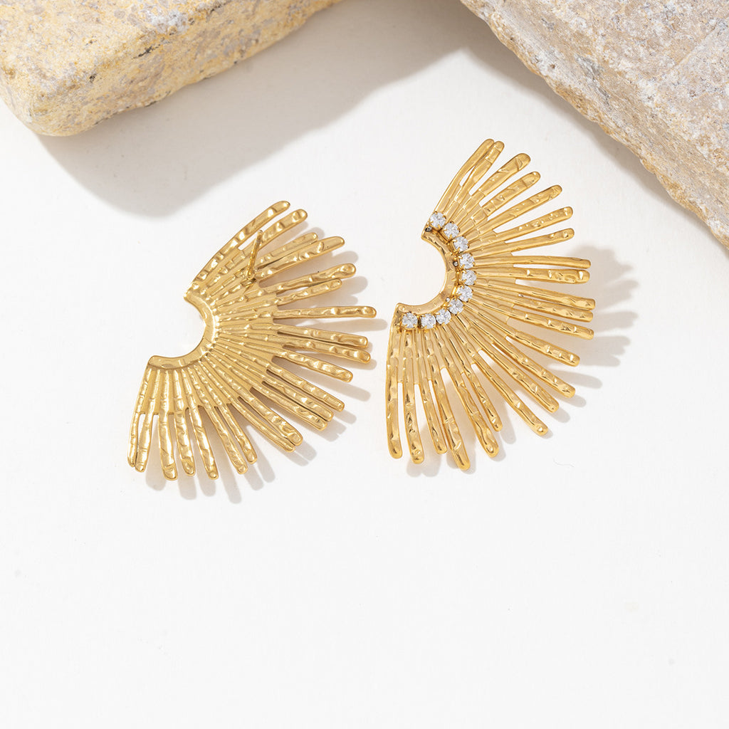 Stainless steel fan-shaped wing hollowed-out line earrings