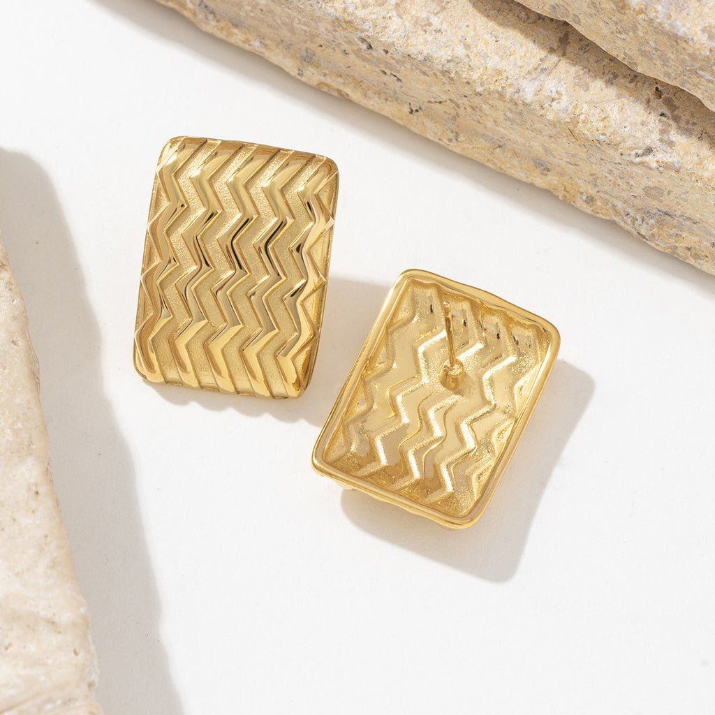 Stainless steel golden square wavy brushed earrings