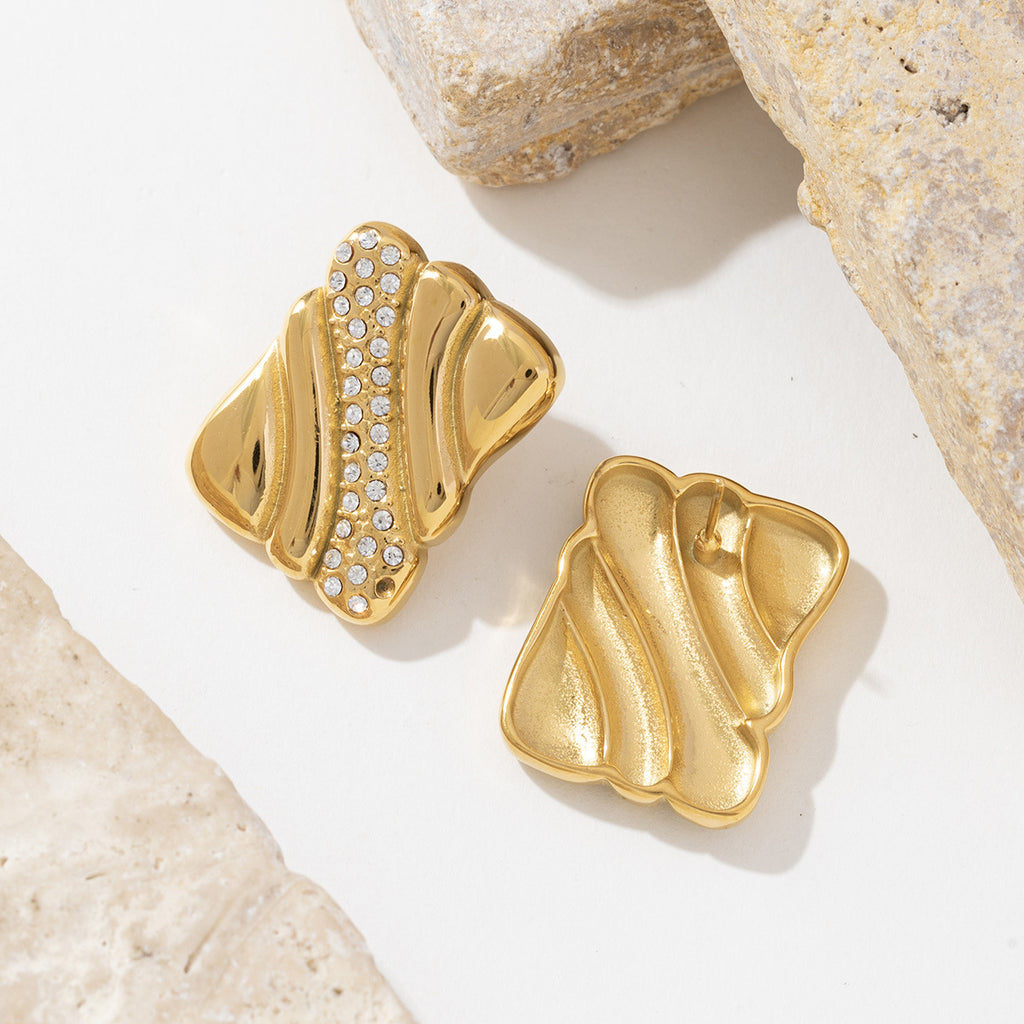 18K gold stainless steel rectangular earrings with zirconium texture inlaid in gold