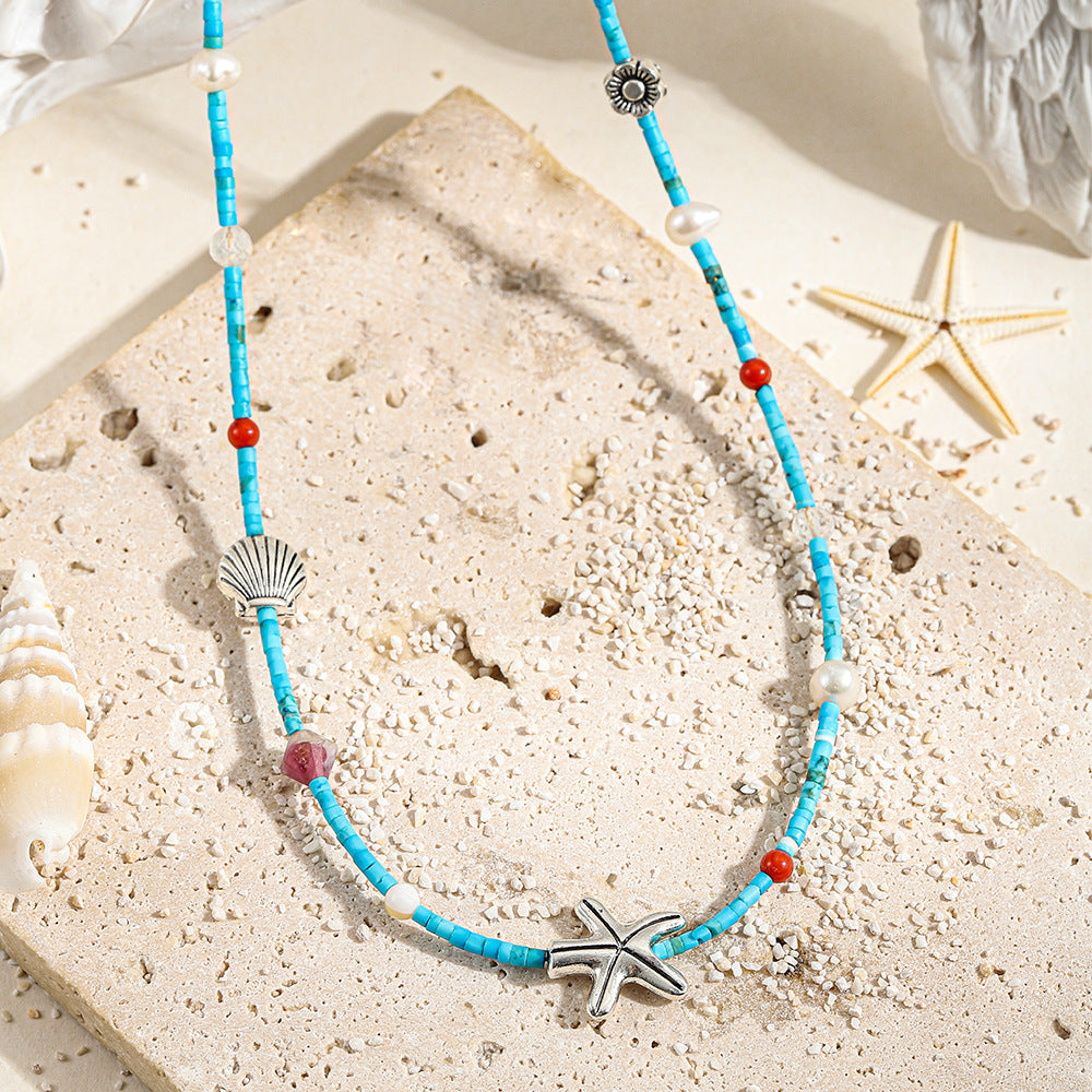 Colored natural stone pearl beaded necklace