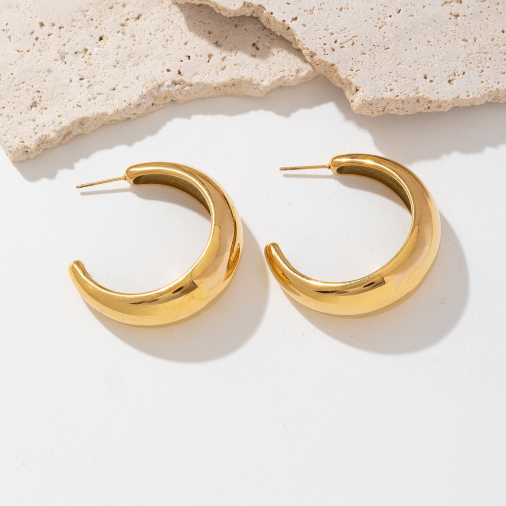 18K gold stainless steel smooth C-shaped earrings