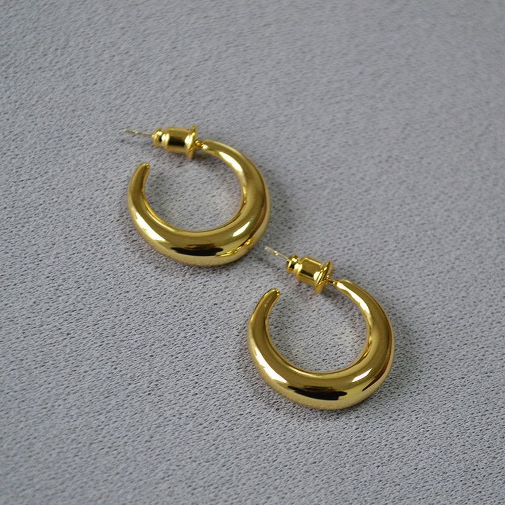 Brass gold-plated smooth crescent-shaped 925 silver needle earrings