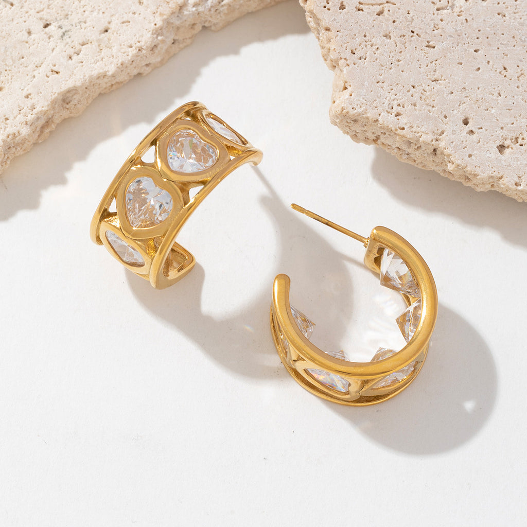 Stainless steel heart-shaped zircon C-shaped earrings