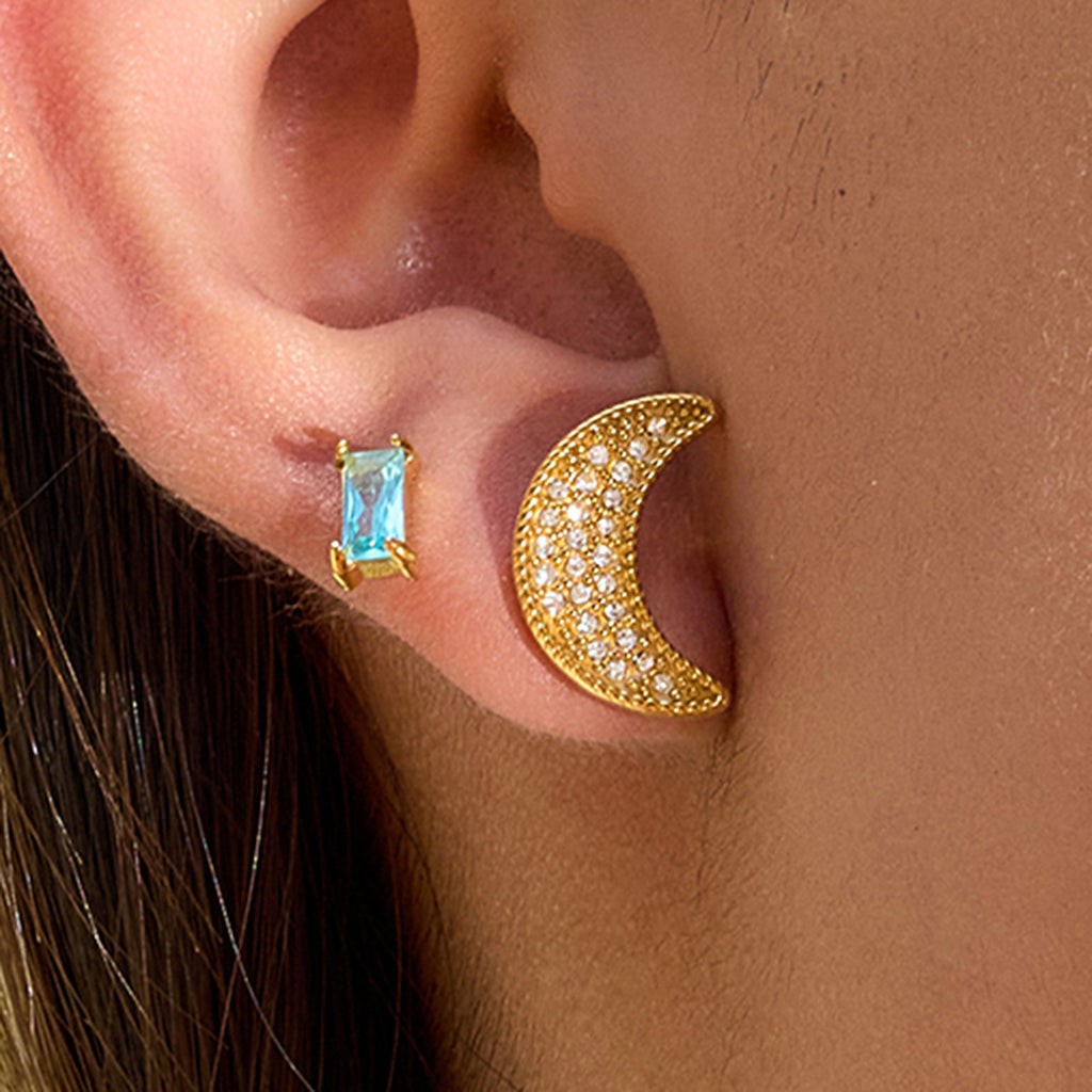 18K gold stainless steel moon and sun earrings with white diamonds