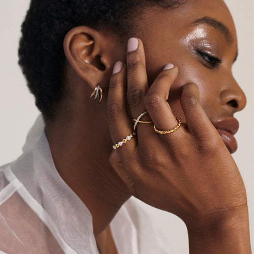 14K copper-plated three-ring zircon earrings