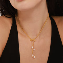 Load image into Gallery viewer, Copper rice bead chain bow freshwater pearl tassel pendant necklace