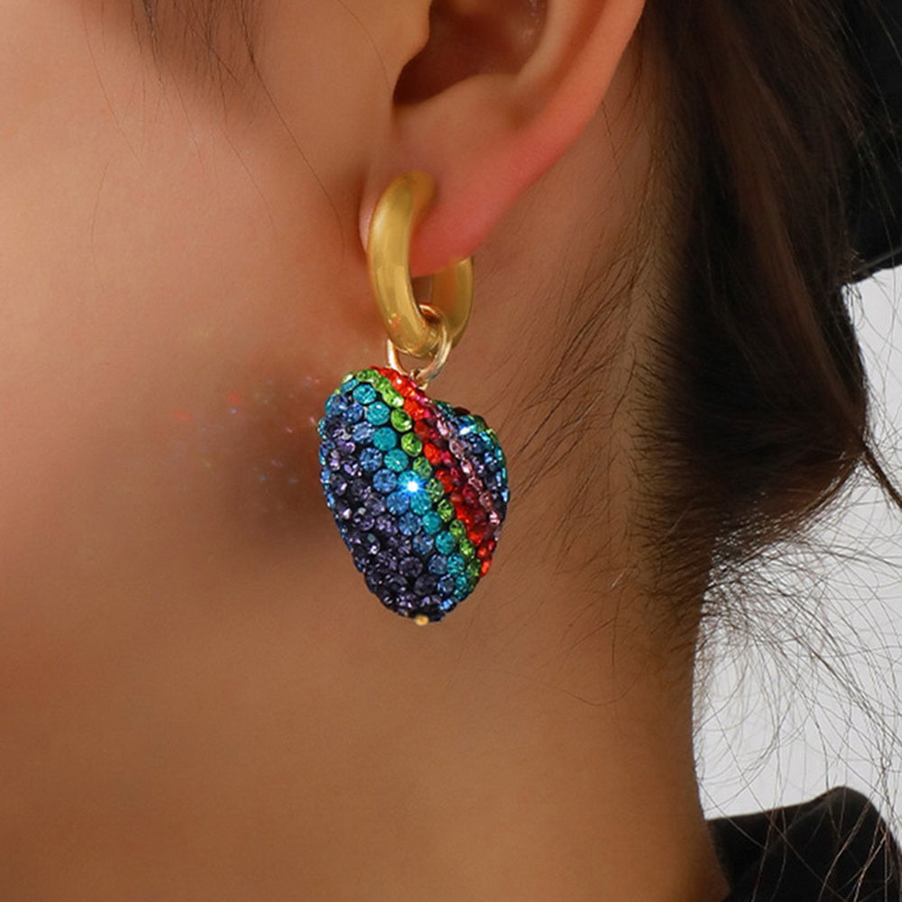 Diamond-encrusted three-dimensional heart pendant earrings