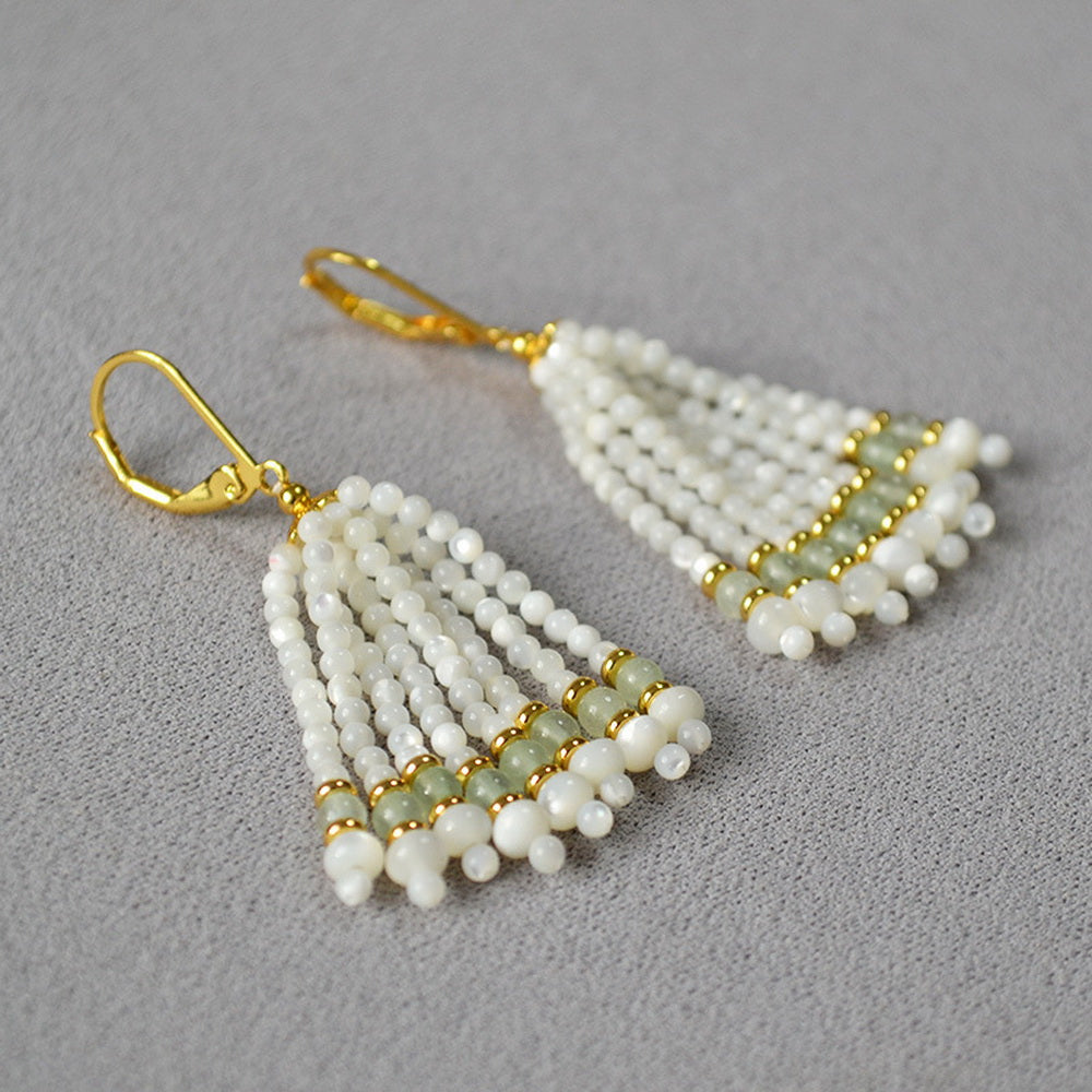 Turquoise shell handcrafted beaded tassel earrings