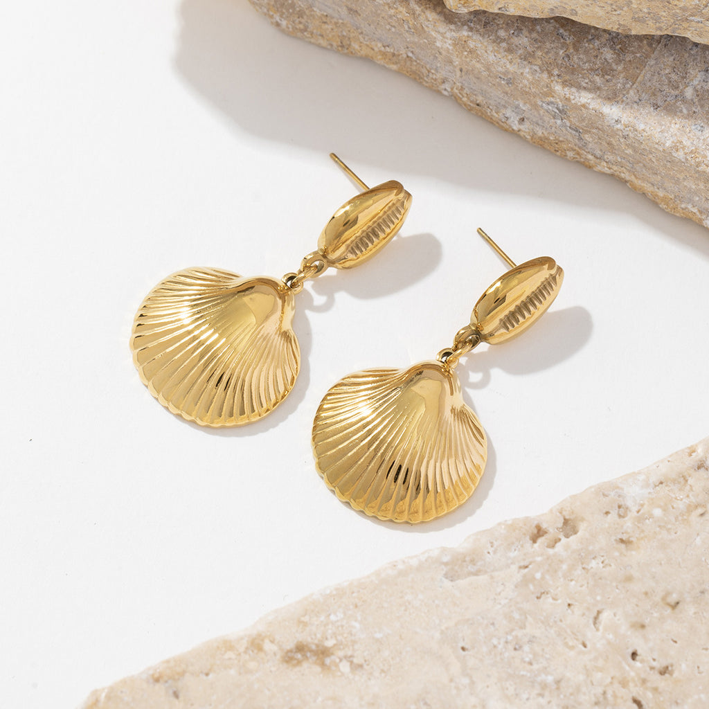 Golden stainless steel shell pendant earrings