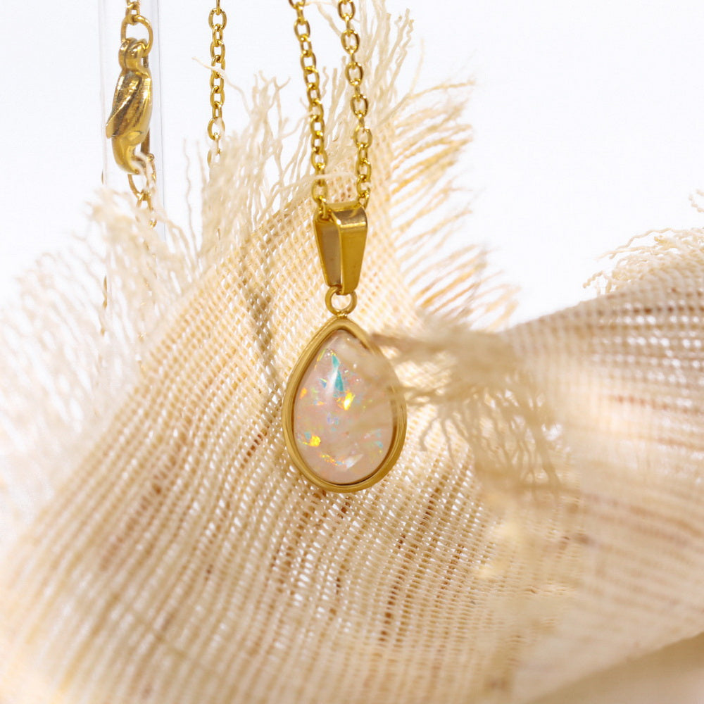 Stainless steel imitation opal opal water drop pendant necklace