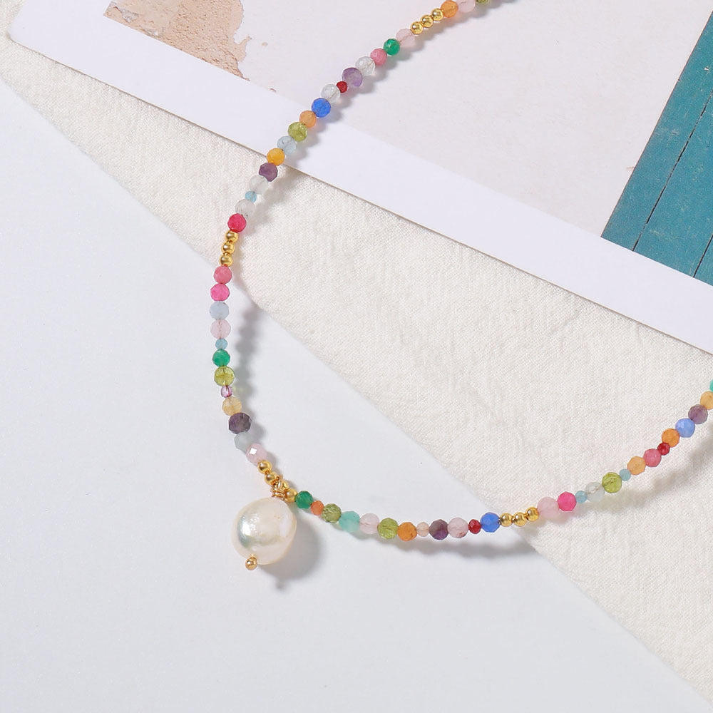 Colored natural zircon pearl pendant handcrafted beaded necklace