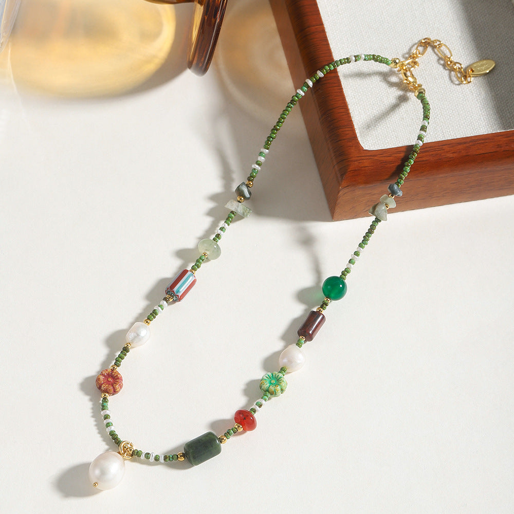 Natural stone freshwater pearl pendant, hand-beaded necklace